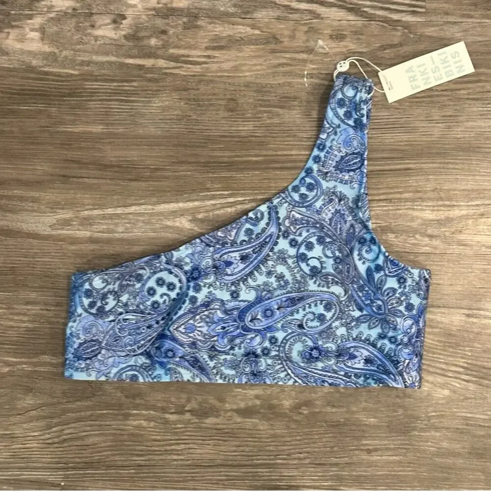Frankie’s Bikinis Barb Paisley One Shoulder Blue Bikini Swim Top
